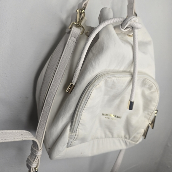 Isaac Mizrahi Ivory Canvas Drawstring Bucket Style Handbag, Crossbody Purse - Picture 2 of 6